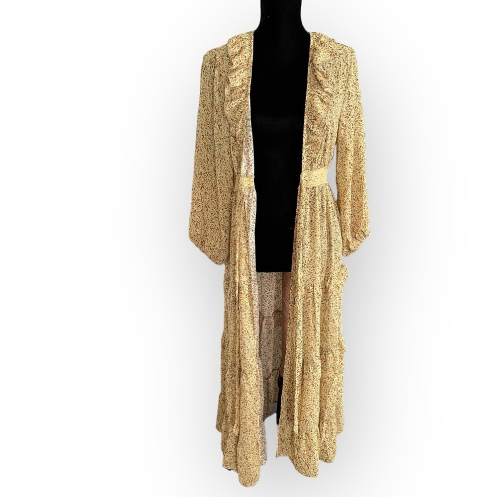 Heyson boho ditsy floral ruffle crochet open long lined kimono mustard medium - Picture 5 of 8